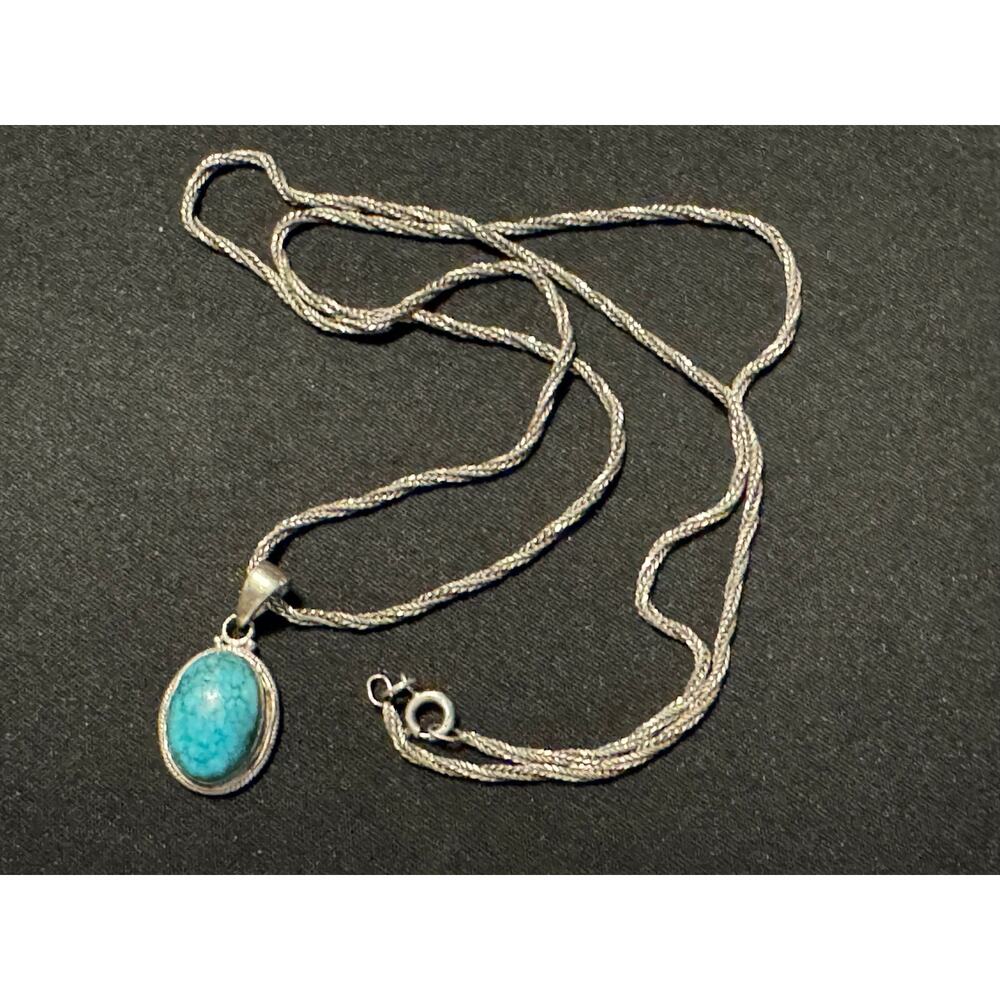 Vintage 925 Italy 23in Wheat Chain 925 Turquoise Pendant